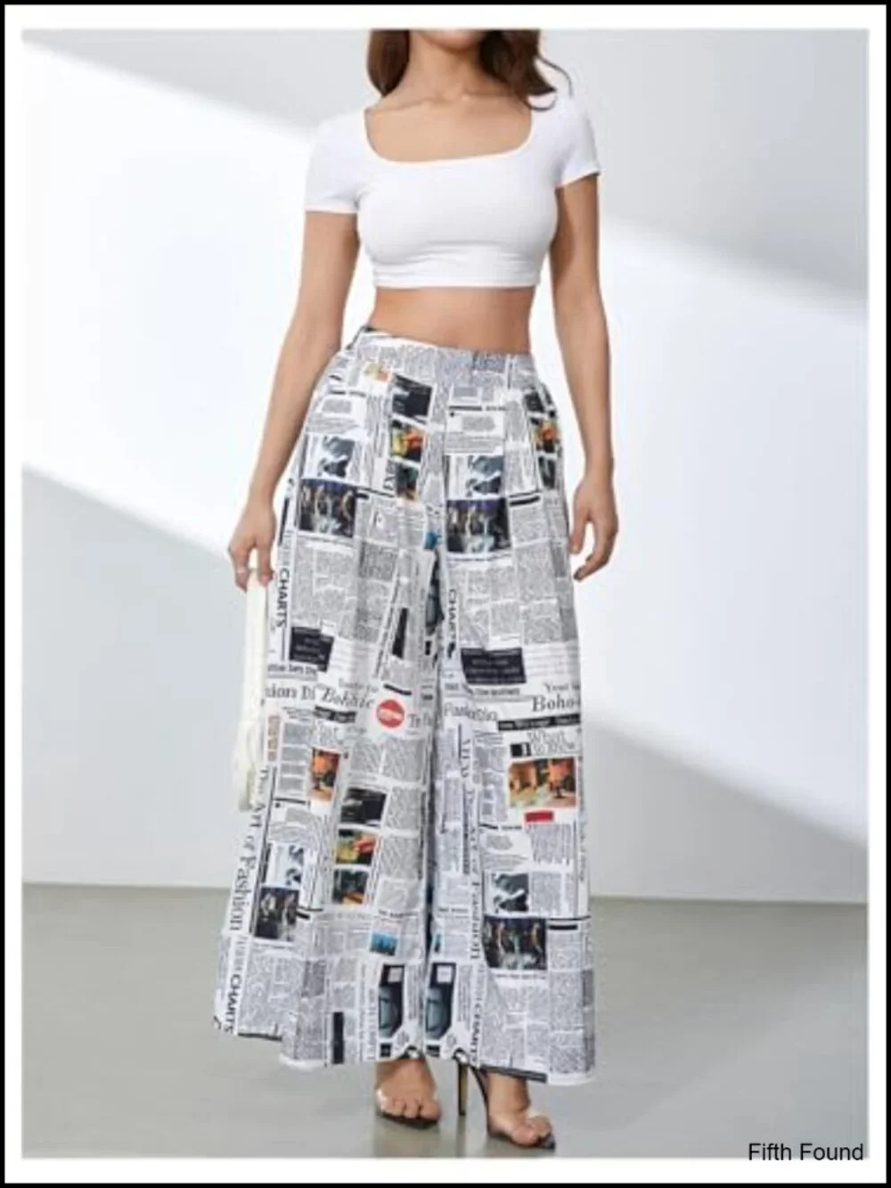 Women's Wide Leg Palazzo Pants with Newspaper Print Elastic Waist Loose Fit